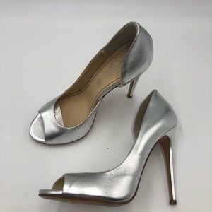 Jerome C. Rousseau Silver Leather Open Toe Heels